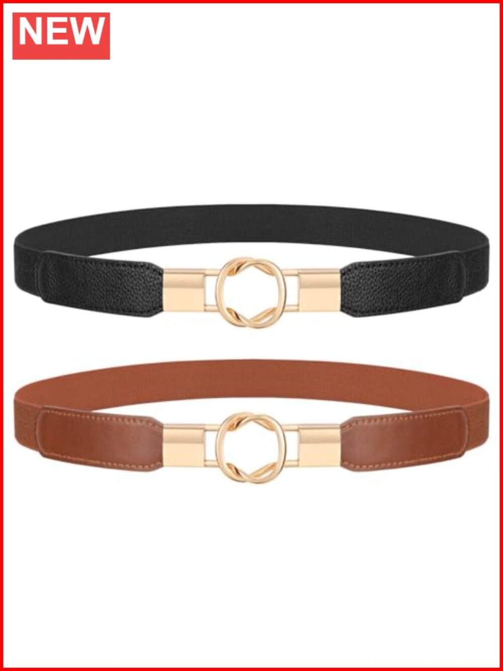 Women Retro Elastic Stretchy Metal Buckle Skinny Waist Belt Faux Leather